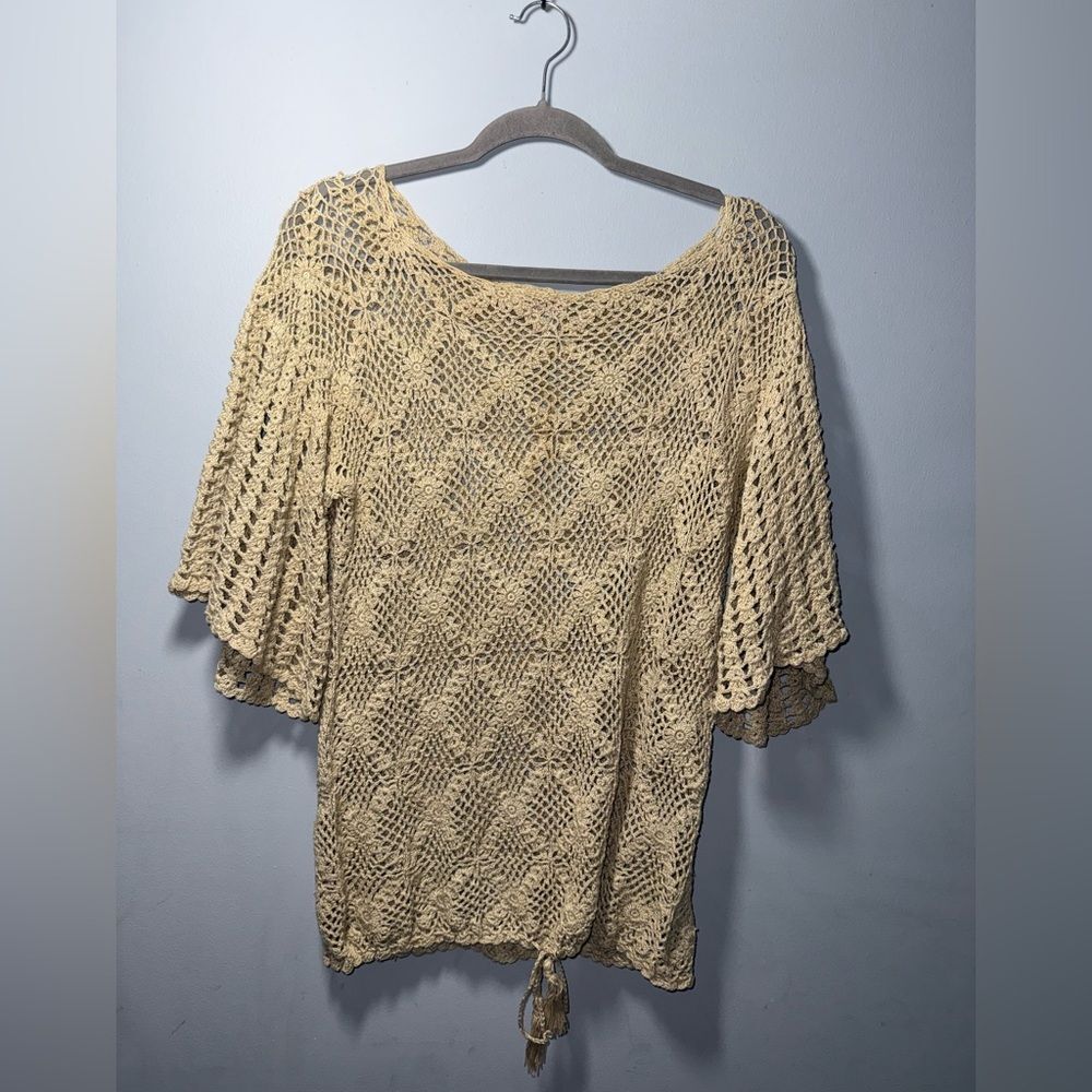 VTG JM Pink hand BOHO crocheted cotton tan sweater peplum top size L EUC